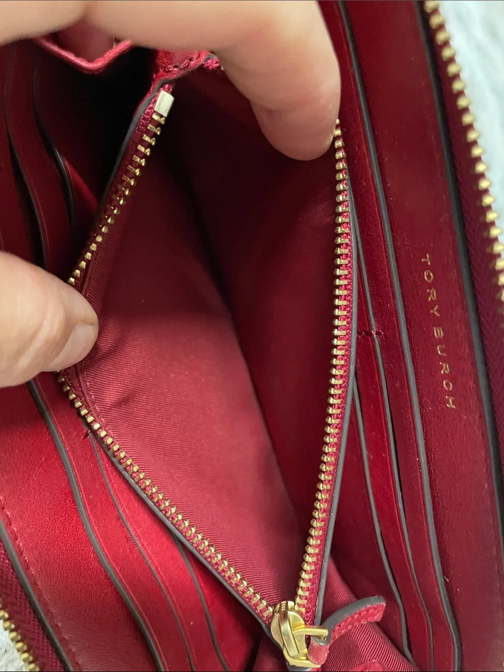 Tory Burch Quilted pearlized Red Leather Zip-Around Wallet with Gold Logo